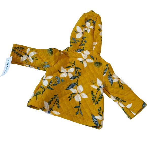 Baby Girls Carters Quilted Hooded Jacket 3M Yellow Floral Cotton Blend - Picture 2 of 8